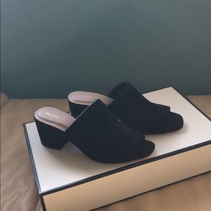 Black suede Aldo mules with 2” block heel